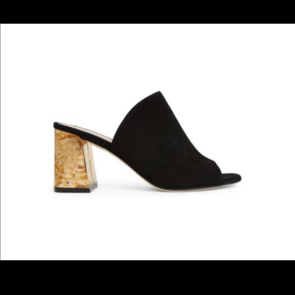 M. Gemi the Noto mule black suede with gold heel